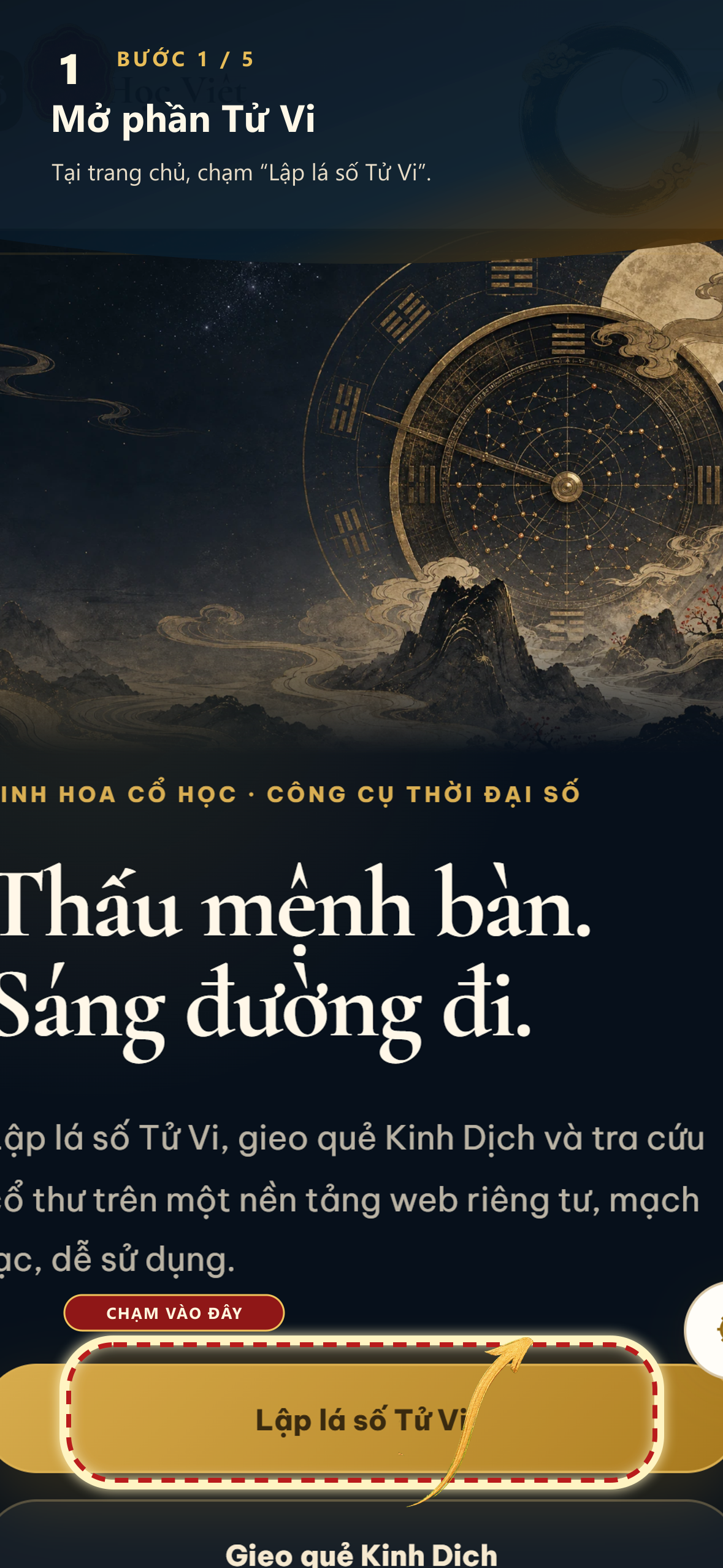 Bước 1: Mở phần Tử Vi. Tại trang chủ, chạm “Lập lá số Tử Vi”.