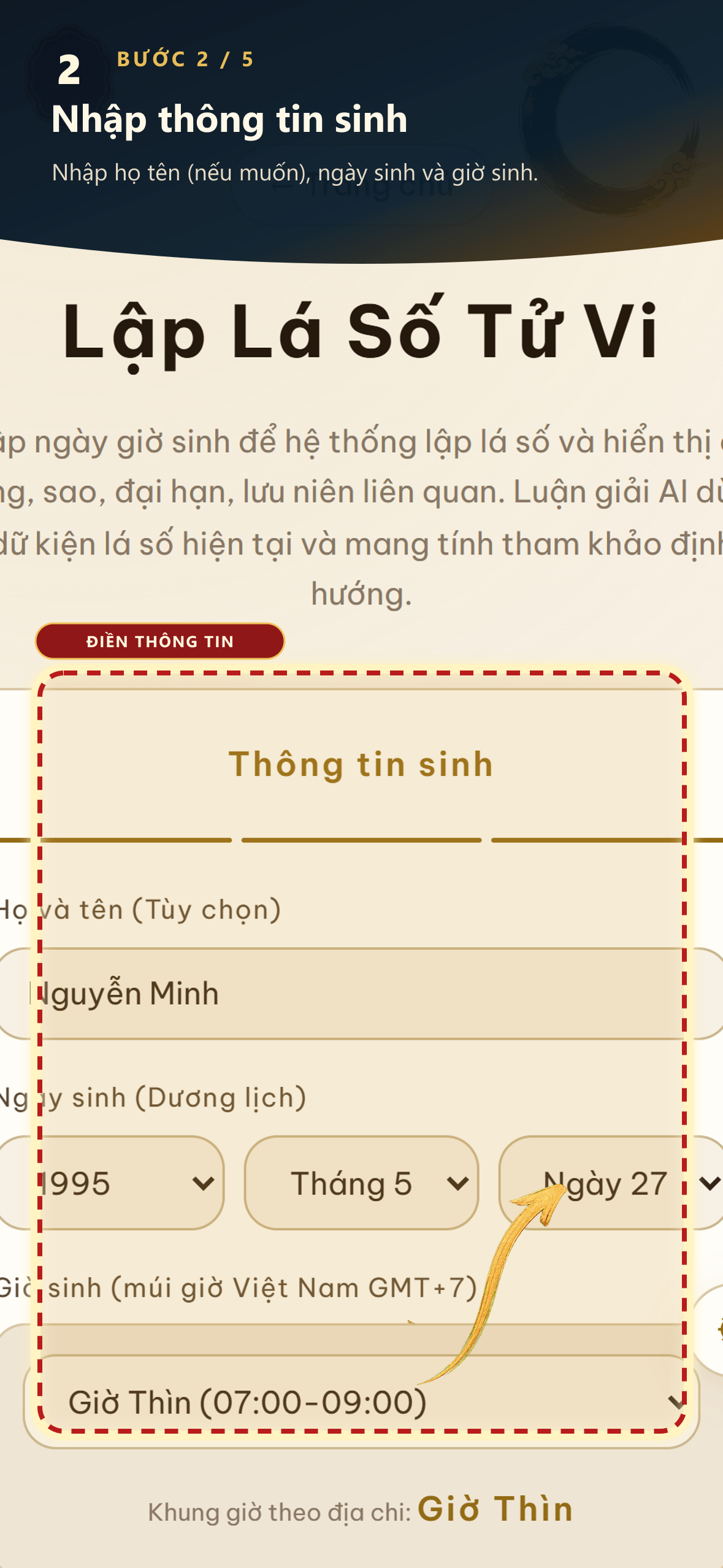Bước 2: Nhập thông tin sinh. Nhập họ tên (nếu muốn), ngày sinh và giờ sinh.