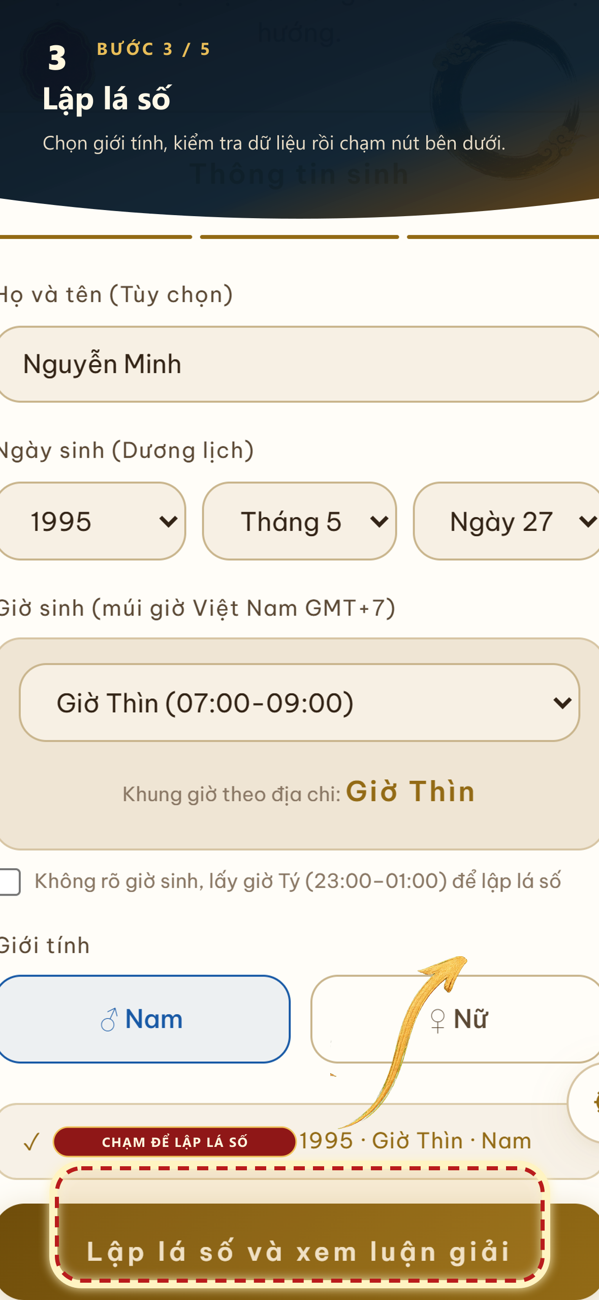Bước 3: Lập lá số. Chọn giới tính, kiểm tra dữ liệu rồi chạm “Lập lá số và xem luận giải”.